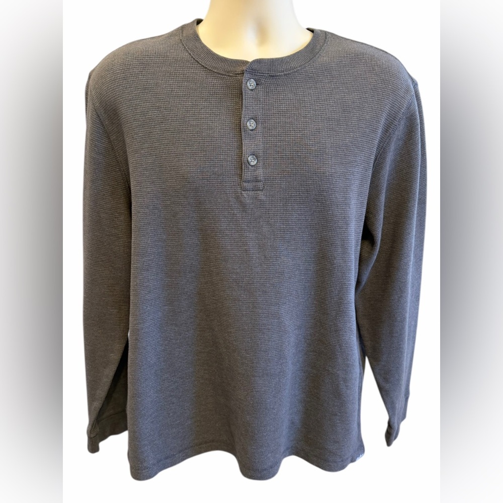 Eddie Bauer Mens Crew Style Henley Shirt Buttons Large Grey Long Sleeve Casual